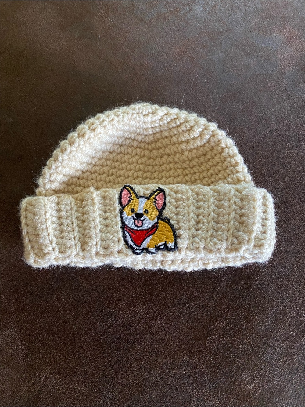 Baby Cream Crochet Beanie with Corgi Patch